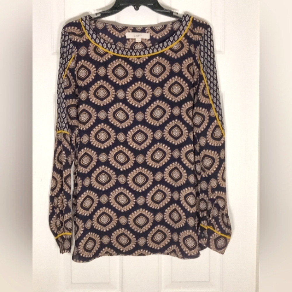 LOFT Navy and Beige Printed Long-Sleeve Blouse with Yellow Trim